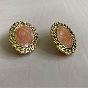 Vintage Coral Oval Clip On Earrings Studs